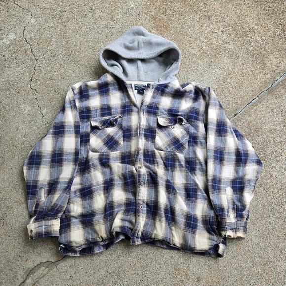 Vtg MOOSE CREEK Wide Plaid Pattern Outdoors Hooded Thermal Button Up Shirt XL - Picture 1 of 6